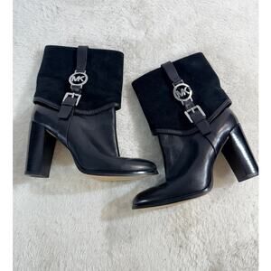 Michael Kors Black Leather Suede Ankle Booties Block Heel Logo Hardware Size 6.5